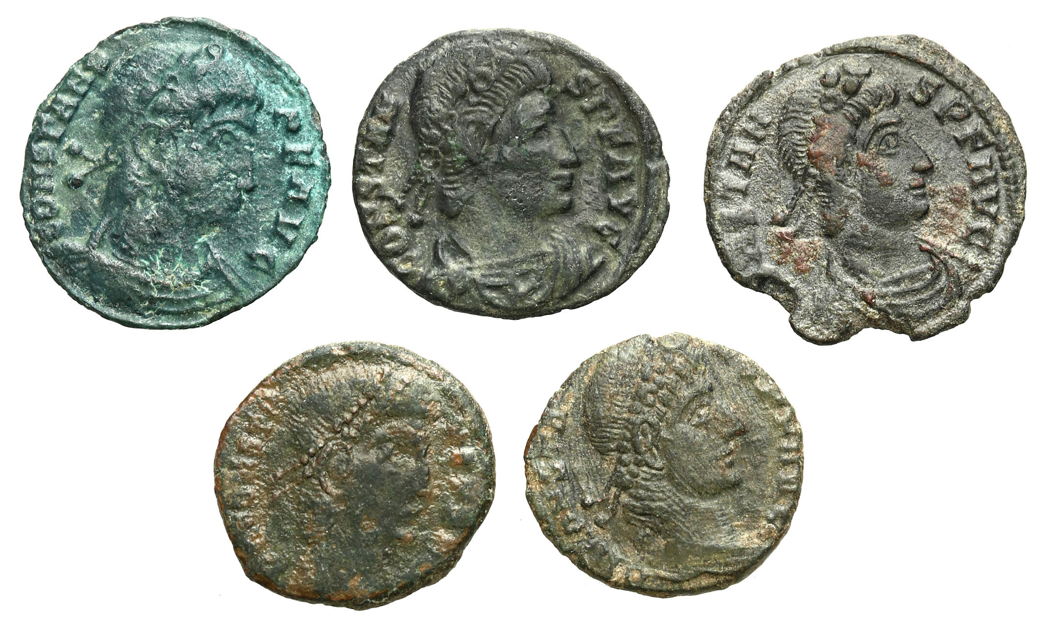 Cesarstwo Rzymskie, Lot 5 sztuk Follisów, Konstans 337 -350 n.e.